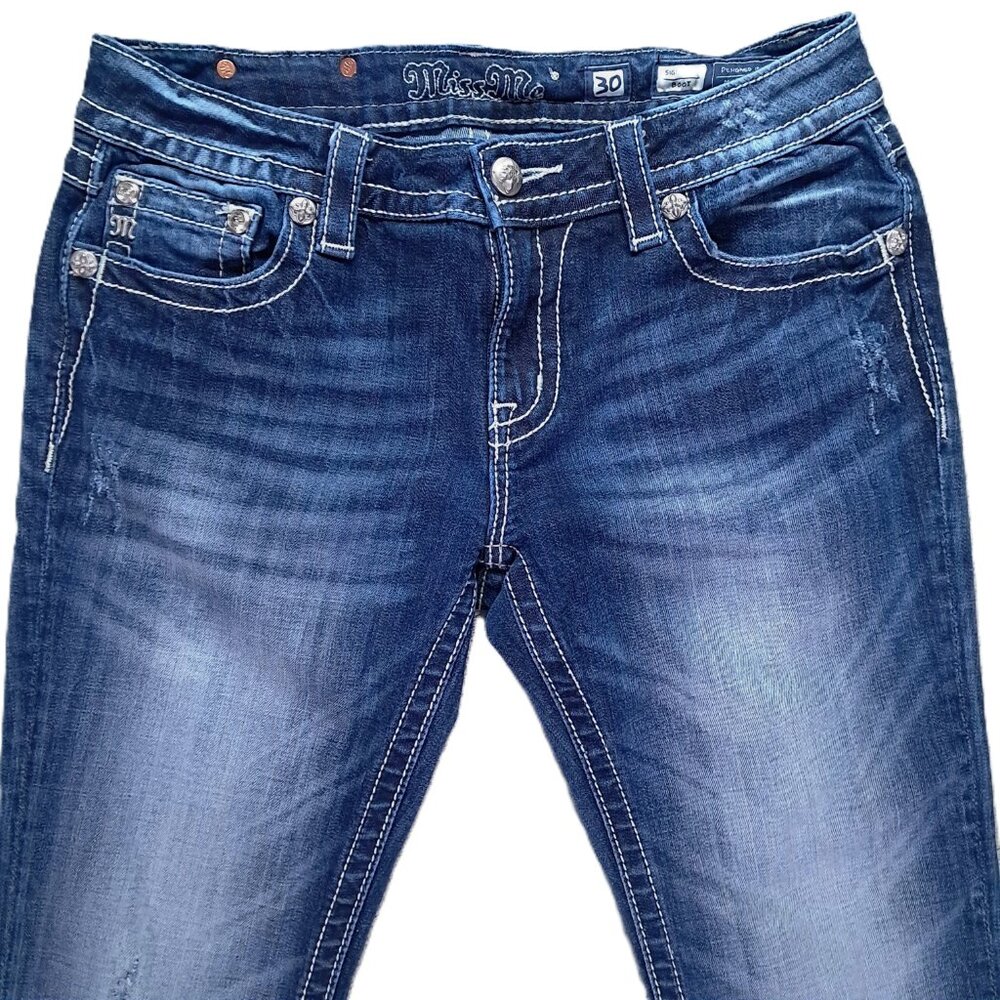 Miss Me Jean Women 31x34, Tag 30X34 Boot Cut Embellished Distressed Flap Pockets - Picture 3 of 16